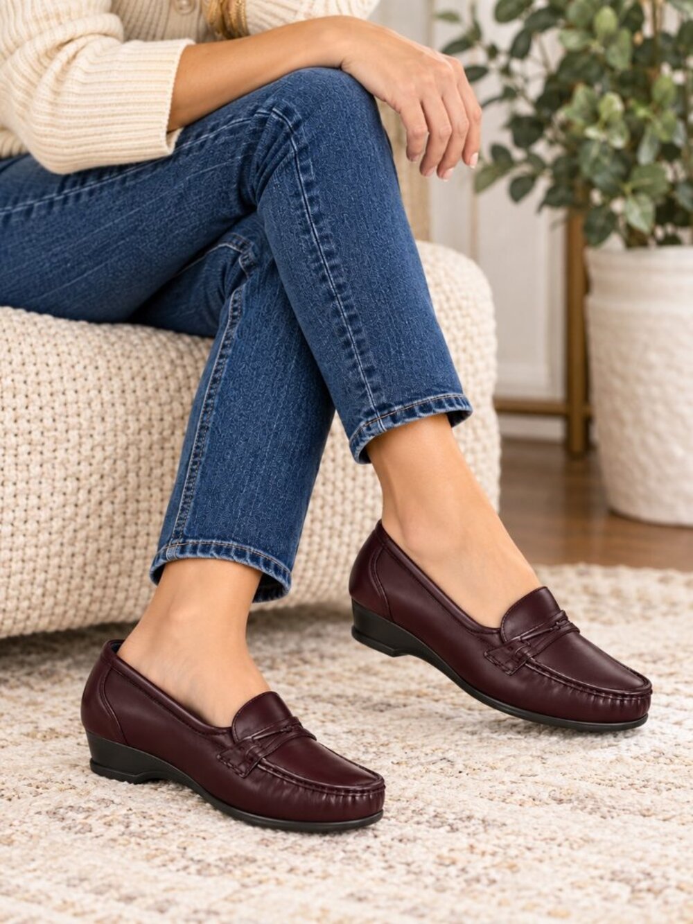 SAS Easier Loafers Womens 8.5 Slim Antique Wine Leather Slip-On Comfort Shoes